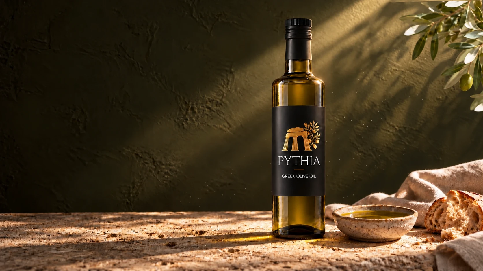 PYTHIA extra virgin olive oil bottle in warm sunlight on limestone, with an olive branch and leaf shadows