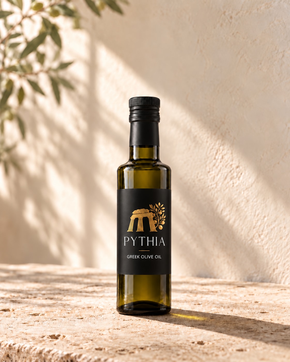 PYTHIA 250 ml extra virgin olive oil bottle on sunlit limestone