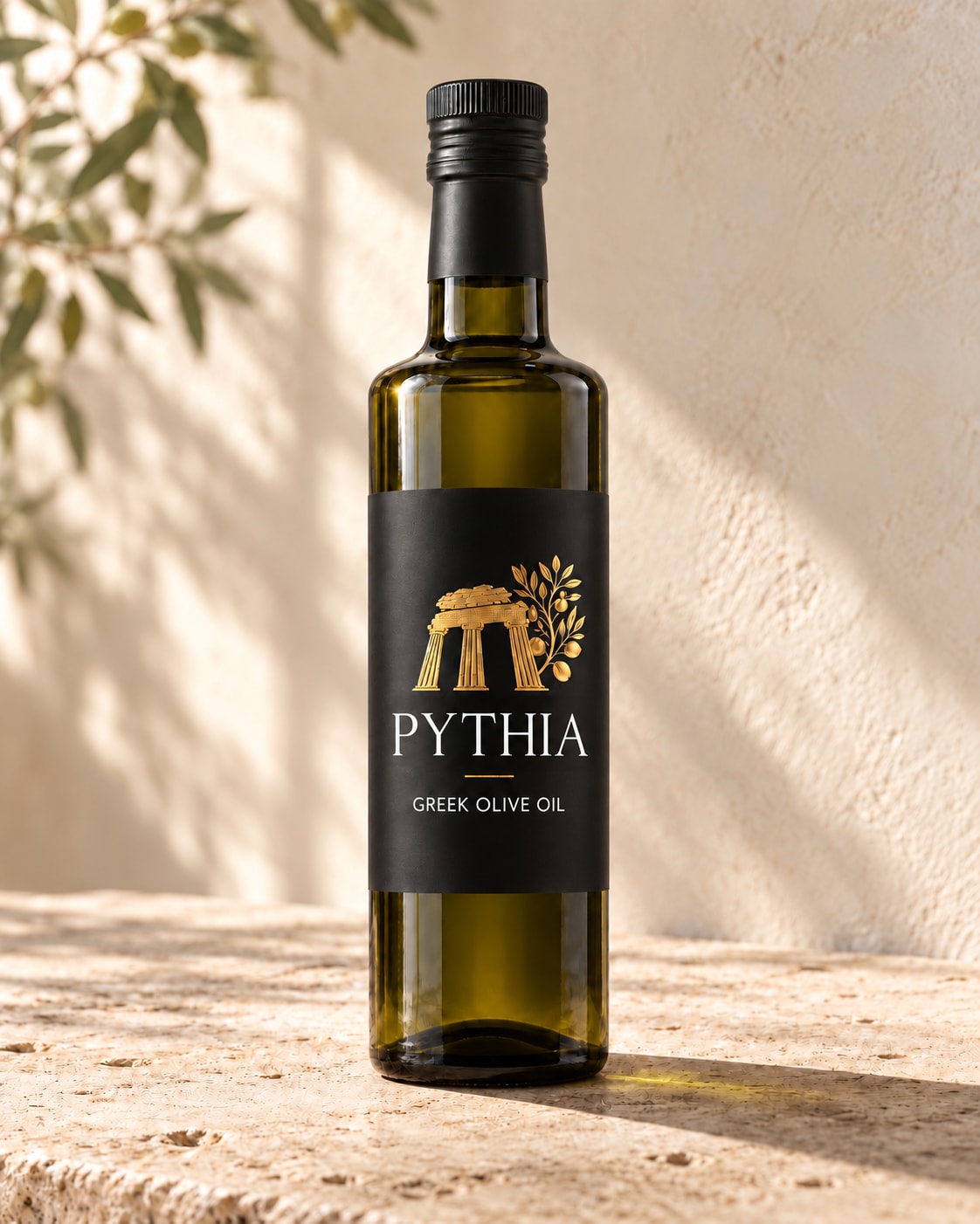 PYTHIA 500 ml extra virgin olive oil bottle on sunlit limestone