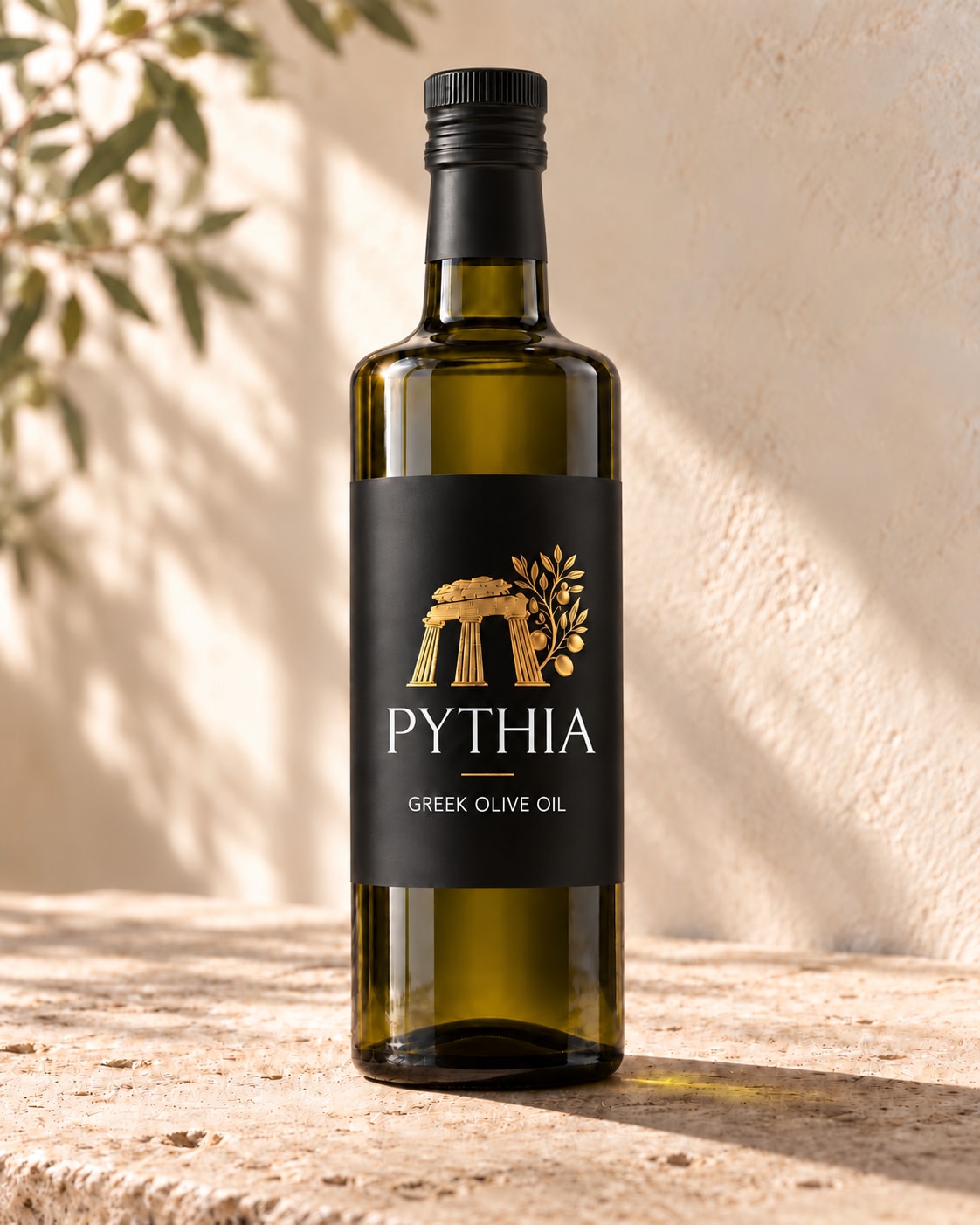 PYTHIA 750 ml extra virgin olive oil bottle on sunlit limestone