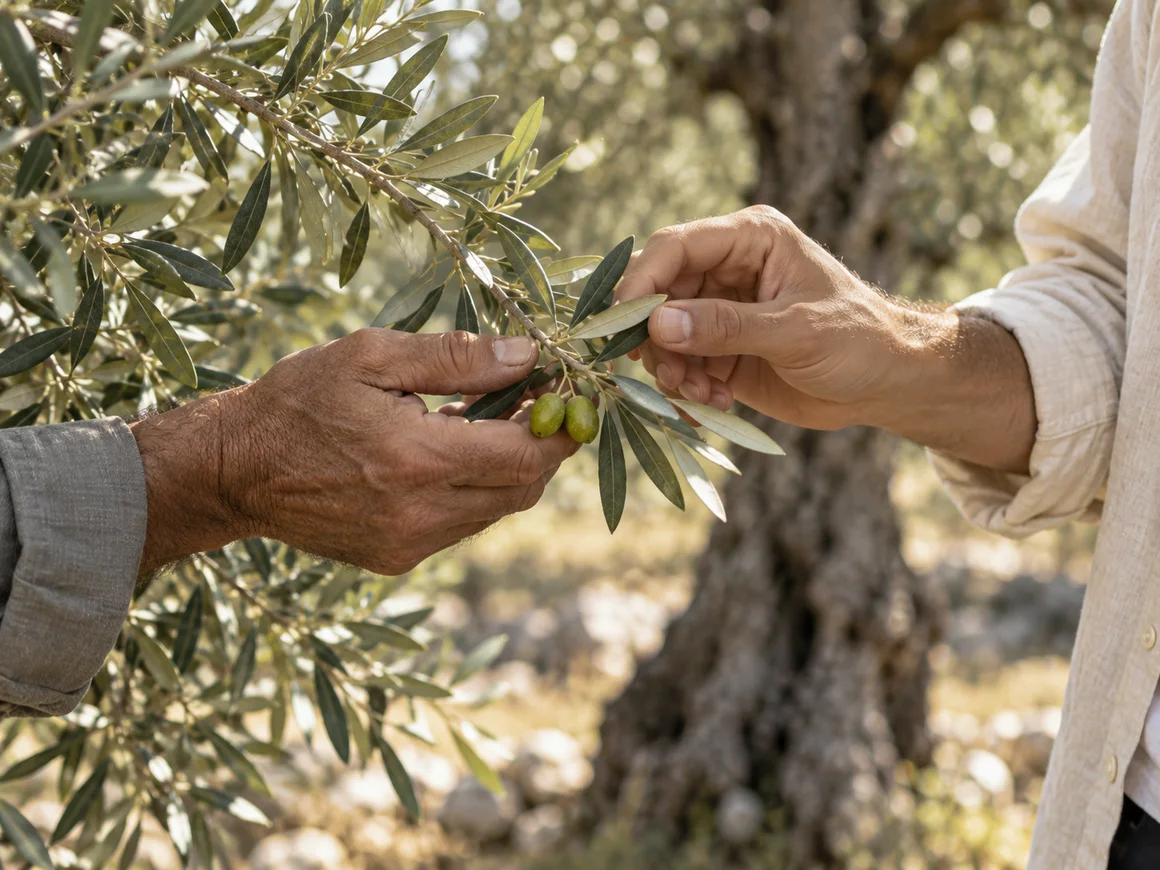 An illustrative close-up of two hands holding an olive branch