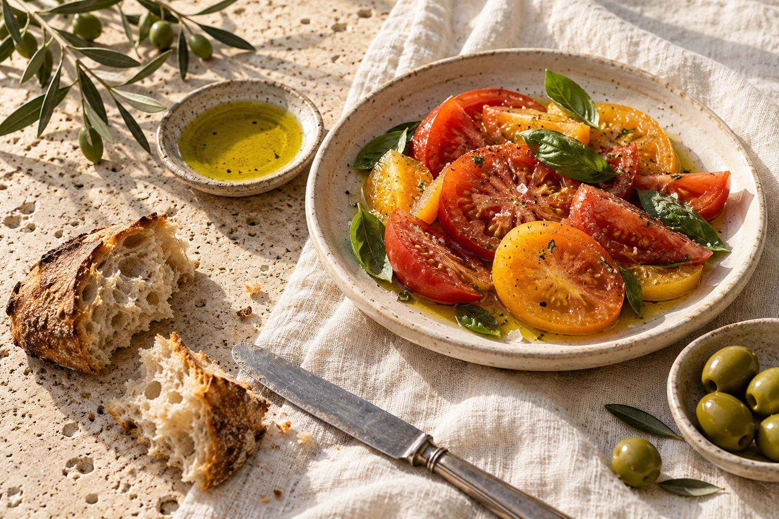 Tomato salad, fresh bread and olive oil on a sunlit table